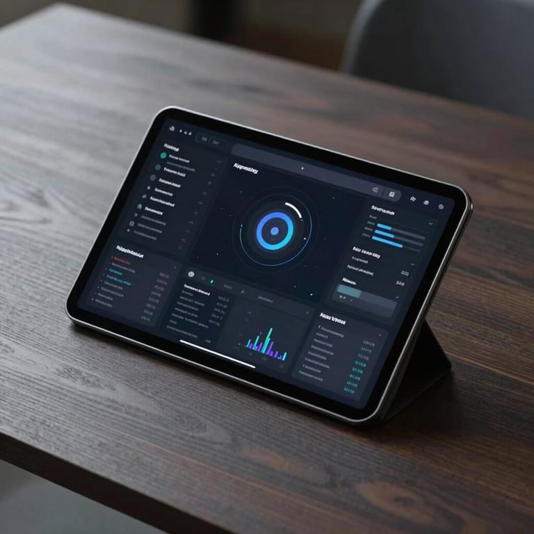 Close-up of a high-tech tablet displaying an AI dashboard on a minimalist dark wood desk, clean composition.