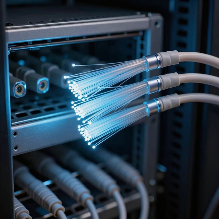 Detailed macro shot of fiber optic cables glowing with soft blue light in a clean server rack.