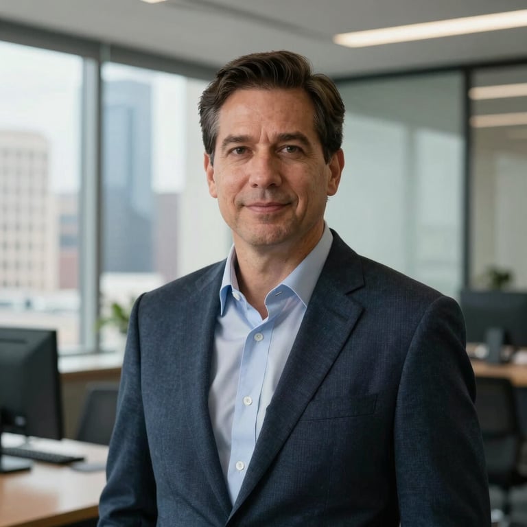 A sharp, professional portrait of a business leader in a modern Houston-area office, natural lighting, North American setting.