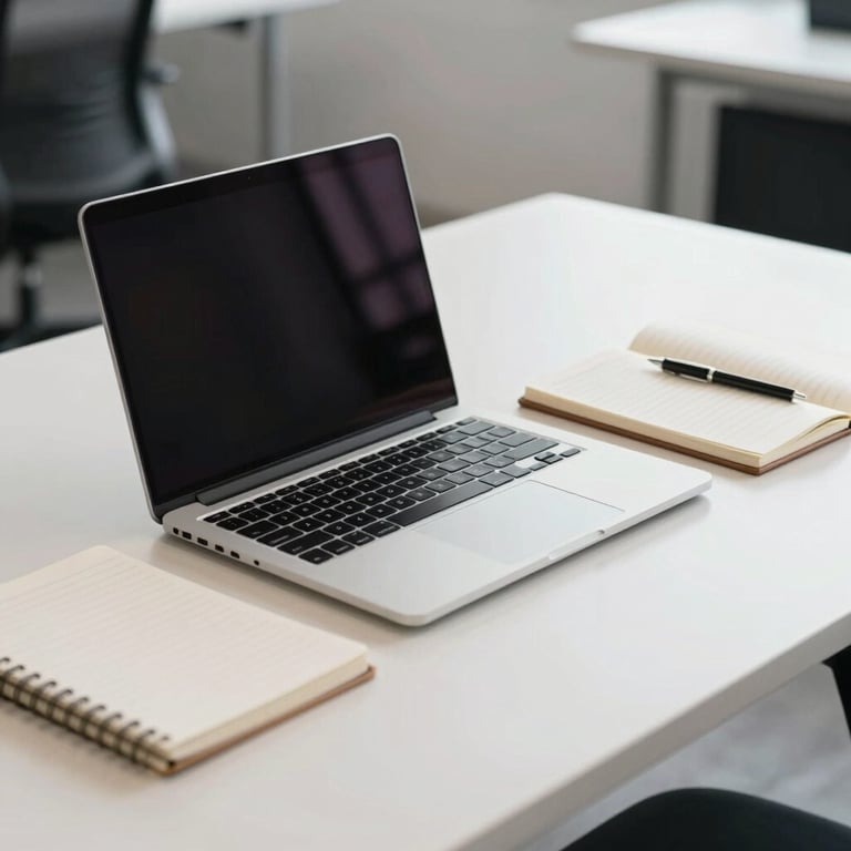 A minimalist desk setup featuring a laptop and a notebook in a bright, modern corporate environment.