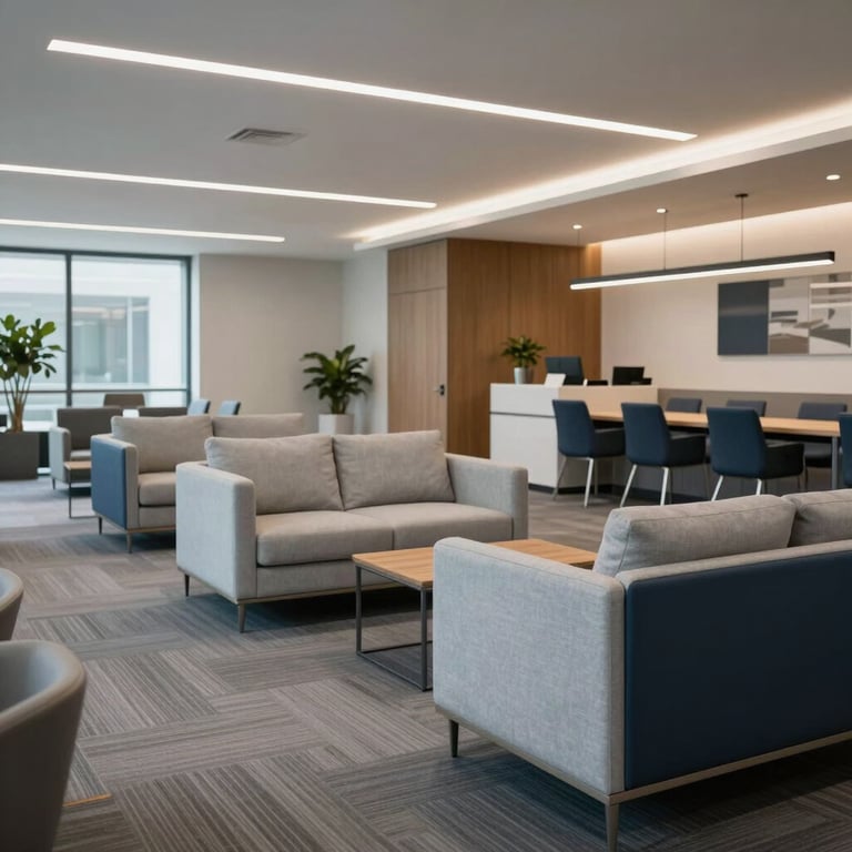 A spacious, modern corporate lounge with light gray furniture and dark blue accents, North American style.