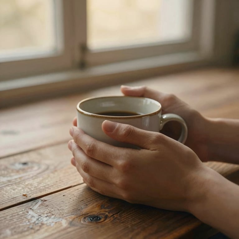 Close-up of hands holding a warm ceramic mug on a rustic wooden table, soft golden-hour window light, earthy muted tones, shallow depth of field, 35mm film aesthetic