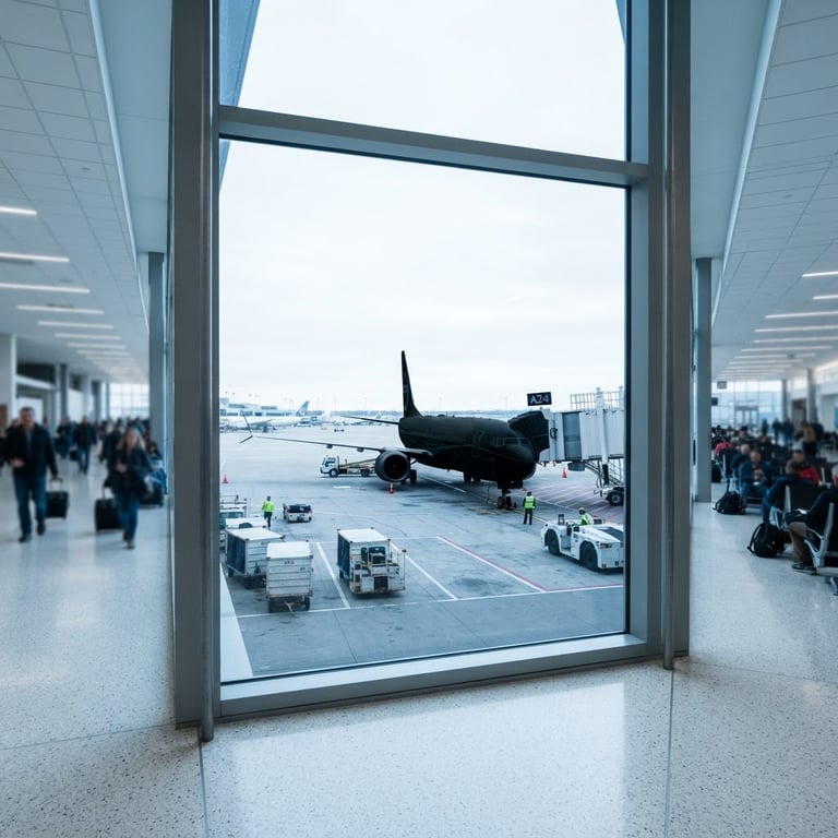 A bright, clean airport terminal window overlooking a modern airplane silhouette on the tarmac, cool daylight tones, sharp focus, professional travel photography