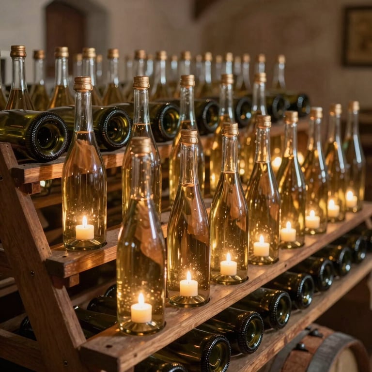Traditional bottle fermentation in a historic cellar, showing rows of Sekt bottles resting on wooden riddling racks, warm gold candlelight glowing through the glass, Central European style.