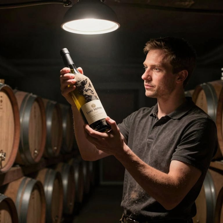 A professional winemaker carefully inspecting a dusty bottle of Sekt under a single dramatic spotlight in a traditional cellar, highlighting craftsmanship and mystical aura, Central European / German Mosel Valley style.