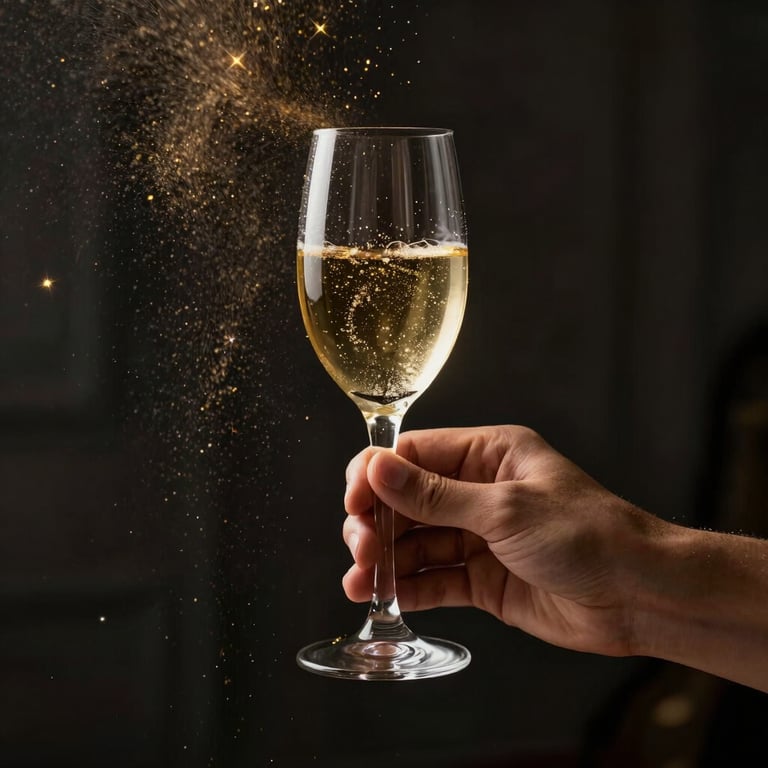 A hand elegantly holding a sparkling glass of Sekt, mysterious theatrical low-key lighting, gold dust or sparkles subtly caught in the air, celebratory luxury.