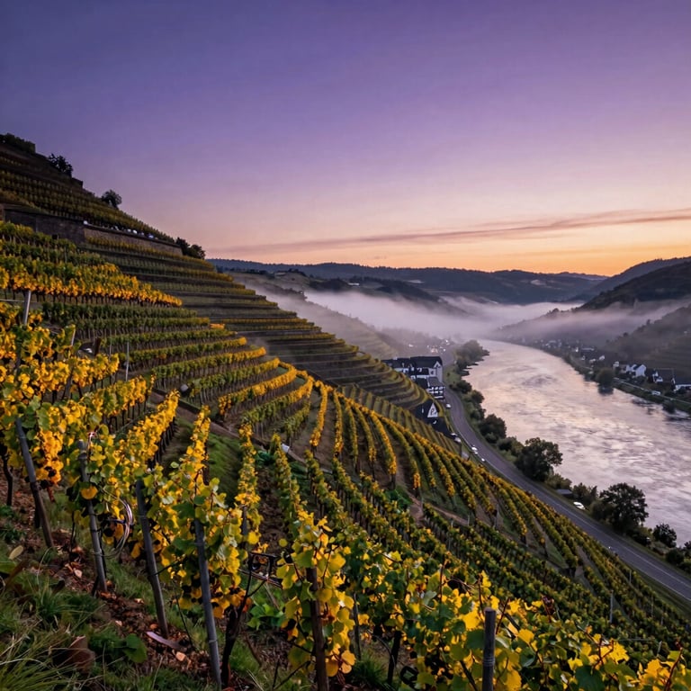 An enchanting outdoor view of steep terraced vineyards in the German Mosel Valley at dusk, mist rolling over the river, magical gold and deep violet sky.