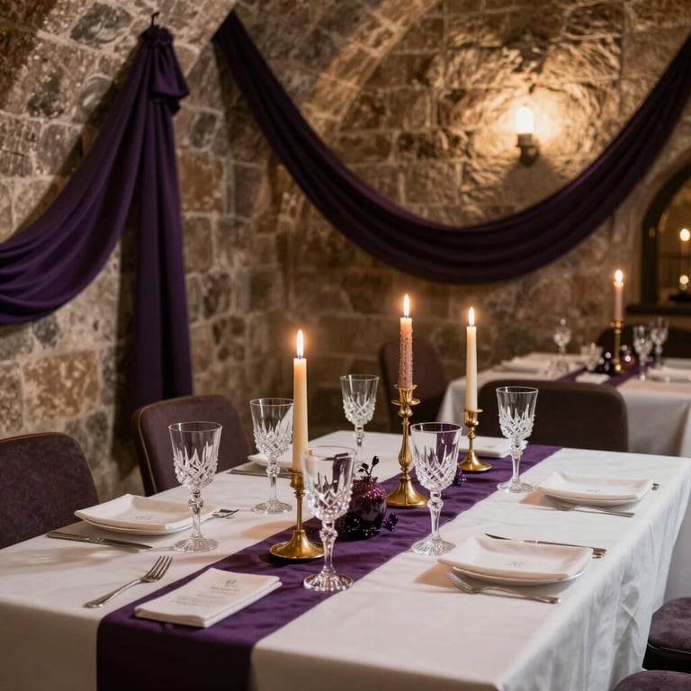 An atmospheric scene of a magical Sekt tasting table set for guests inside a historic stone cellar, decorated with elegant gold candles, dark purple drapery, and shining crystal glasses.