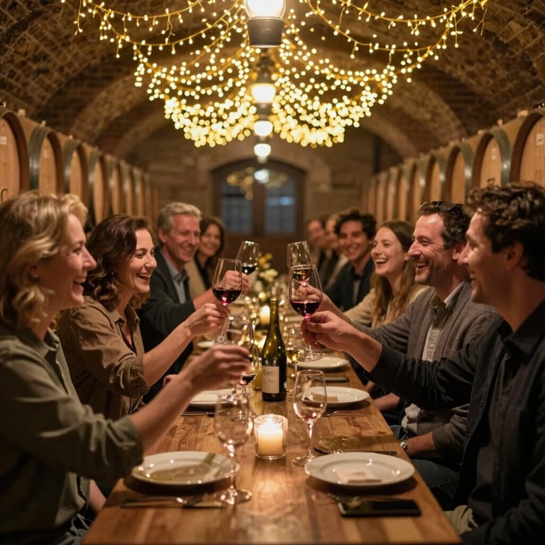 A group of joyful wine lovers raised in toast, laughing gently in an enchanting Mosel wine cellar illuminated by golden fairy lights, celebratory and deeply immersive atmosphere.