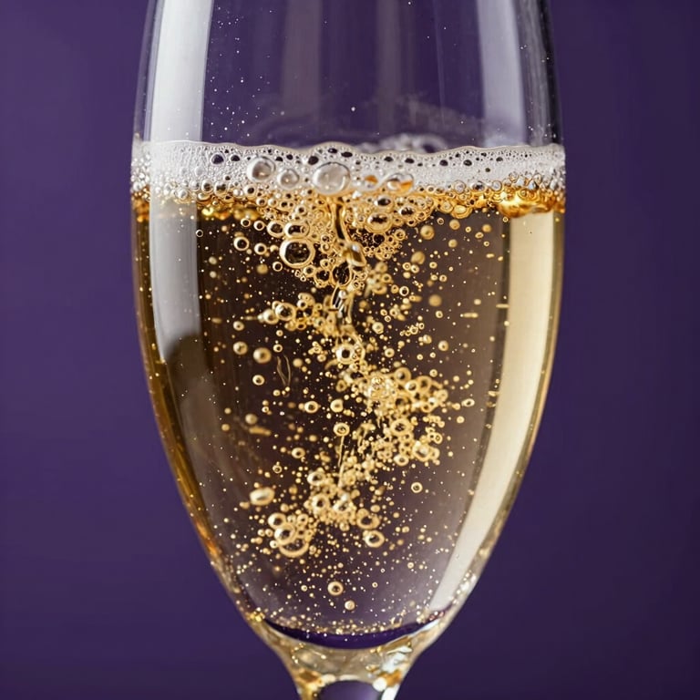 Close-up of golden sparkling bubbles dancing inside a premium champagne flute, deep violet background, clean and professional high-speed photography.