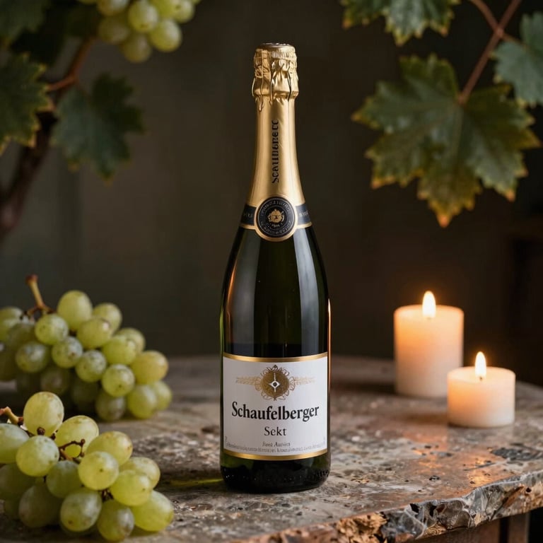 An elegant bottle of premium Schaufelberger Sekt on a rustic stone table, surrounded by grapes and mystical warm candlelight.