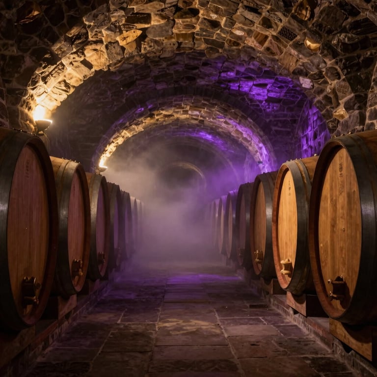 A close-up shot of a crystal glass being filled with sparkling golden Sekt, fine bubbles rising elegantly, set against a dark purple backdrop with warm gold highlights, Central European / German Mosel Valley style.