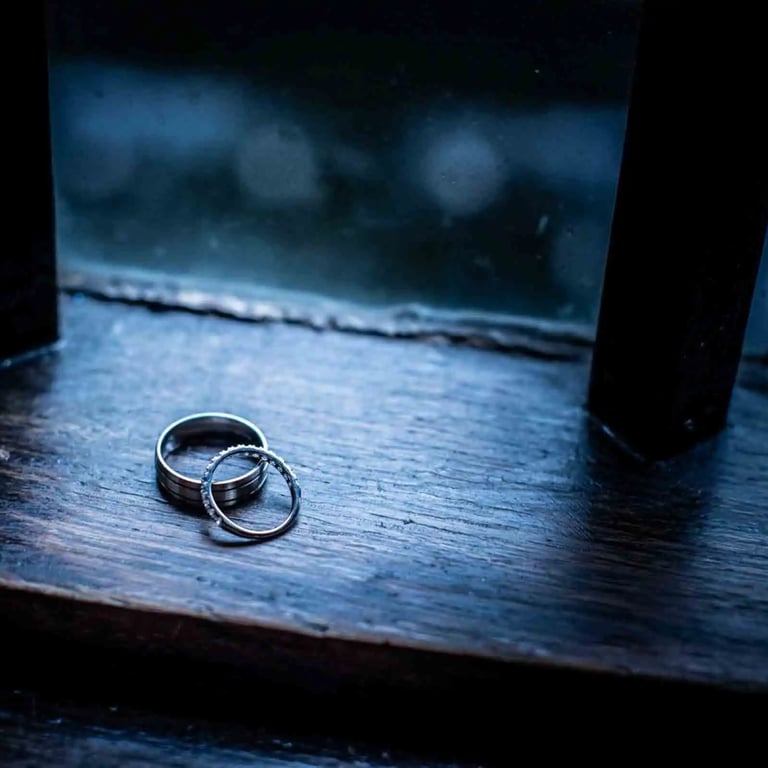 wedding rings on a wooden ledge