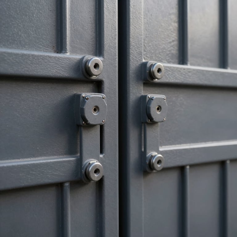 Industrial style metal gate installation, dark grey matte finish, technical precision.