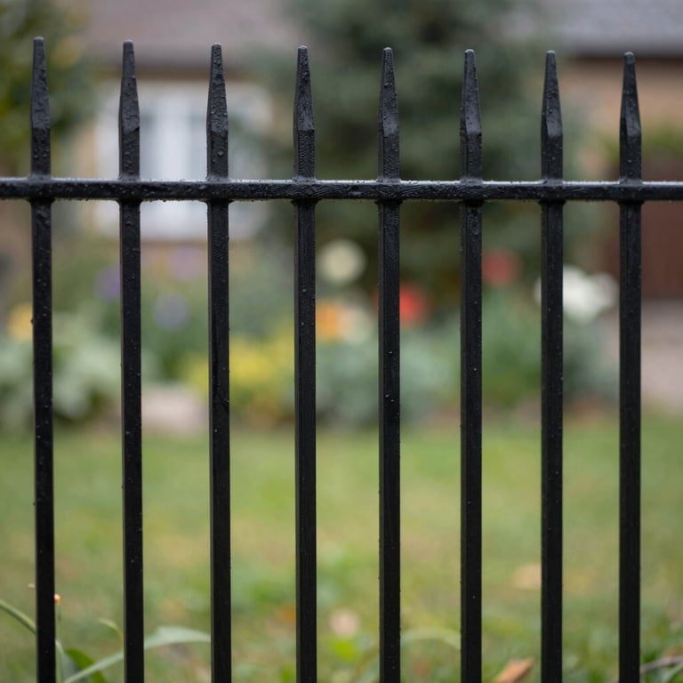 Modern black metal fence section with clean horizontal lines, minimalist Lithuanian garden backdrop.