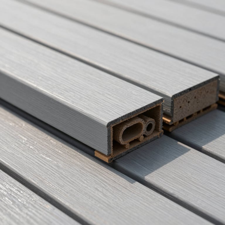 Close-up of high-quality composite terrace decking in light grey, professional installation detail.