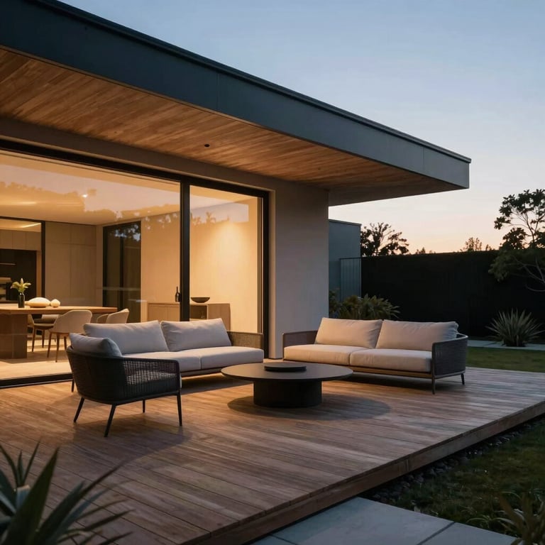 Sleek wooden terrace attached to a modern house, minimalist outdoor furniture, evening lighting.