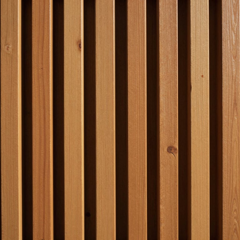 A row of vertical wooden fence slats with uniform spacing, high-contrast lighting.