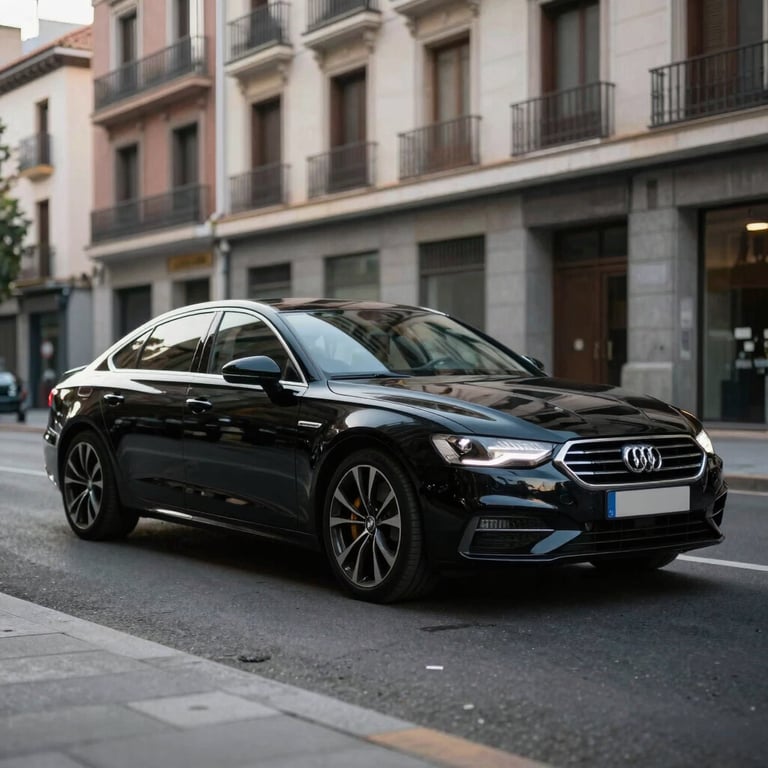 A sleek black German sedan parked in a modern urban street in Madrid, Southern European / Spanish architecture in the background.
