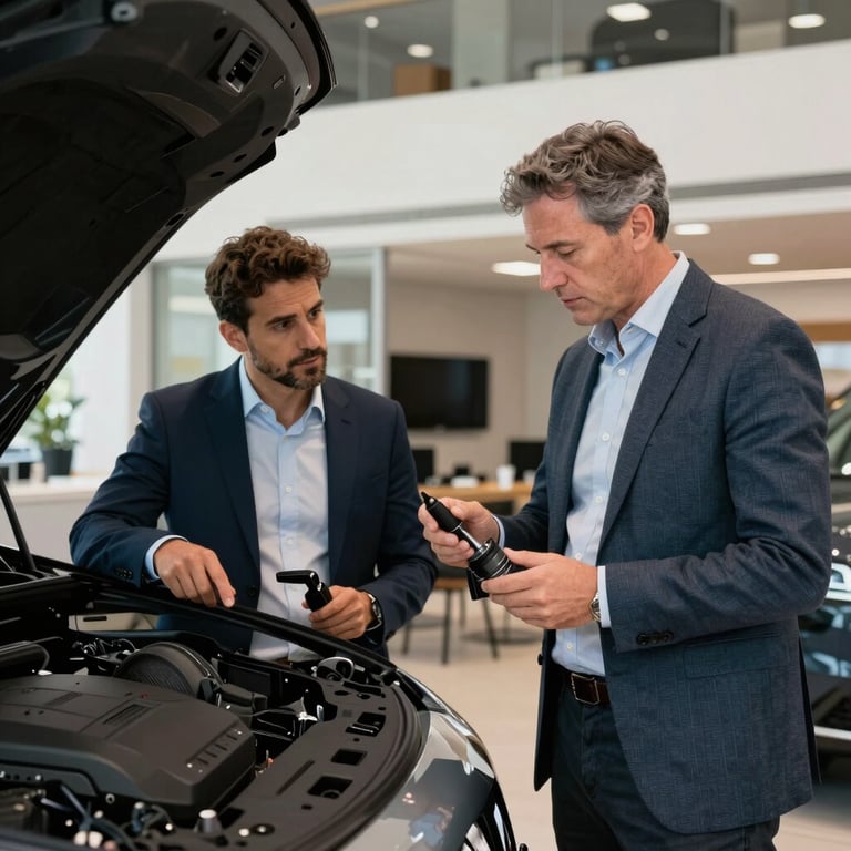 Two professionals in smart casual attire discussing vehicle specifications in a modern showroom office, Southern European / Spanish setting.