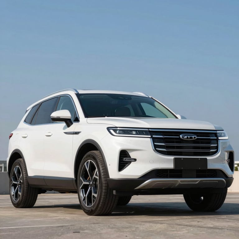 A premium white SUV shown from a low angle, emphasizing its powerful stance, bright daylight, clear blue sky.