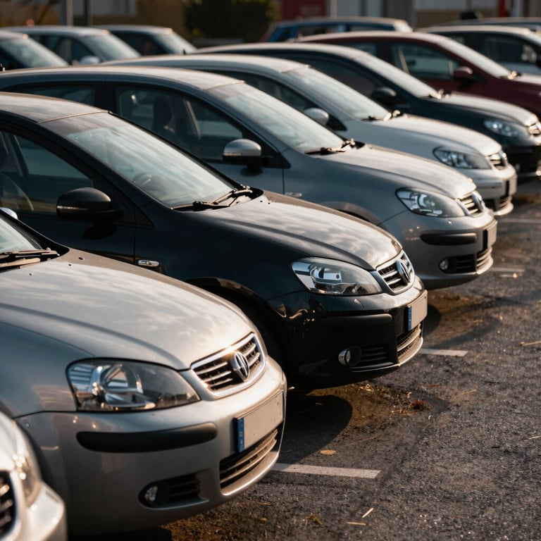 A row of well-maintained second-hand cars under the warm afternoon sun in an open-air lot in Madrid.