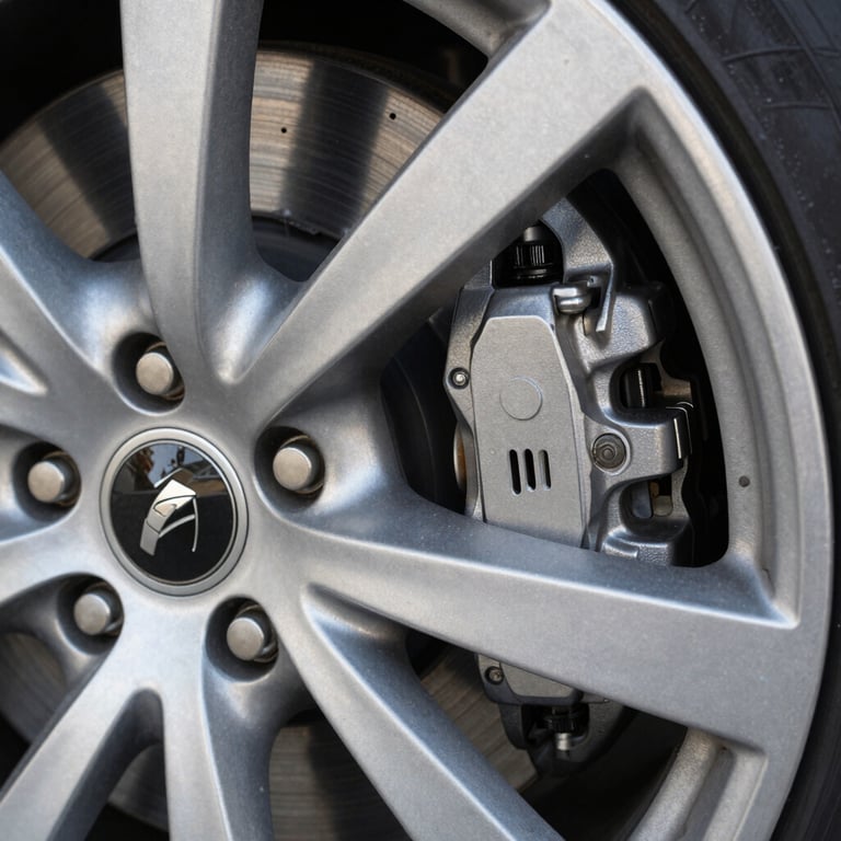 Detailed macro shot of a car's alloy wheel and brake caliper with metallic steel finish, sharp focus.