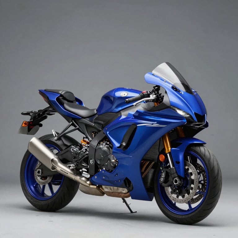 A high-performance modern sport motorcycle with metallic blue details, studio lighting, professional clean background.