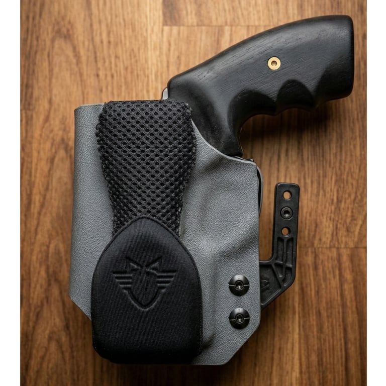 Revolver with black wood grip in a grey Kydex IWB holster with mesh padding on a wood background.