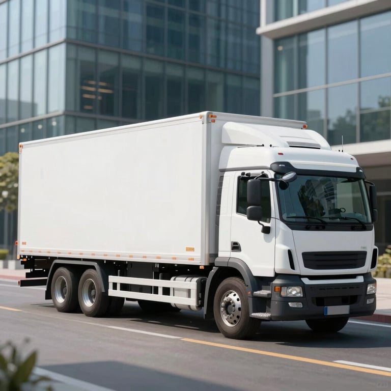 A clean, branded logistics truck parked in front of a modern glass building, bright daylight, professional architectural photography style.