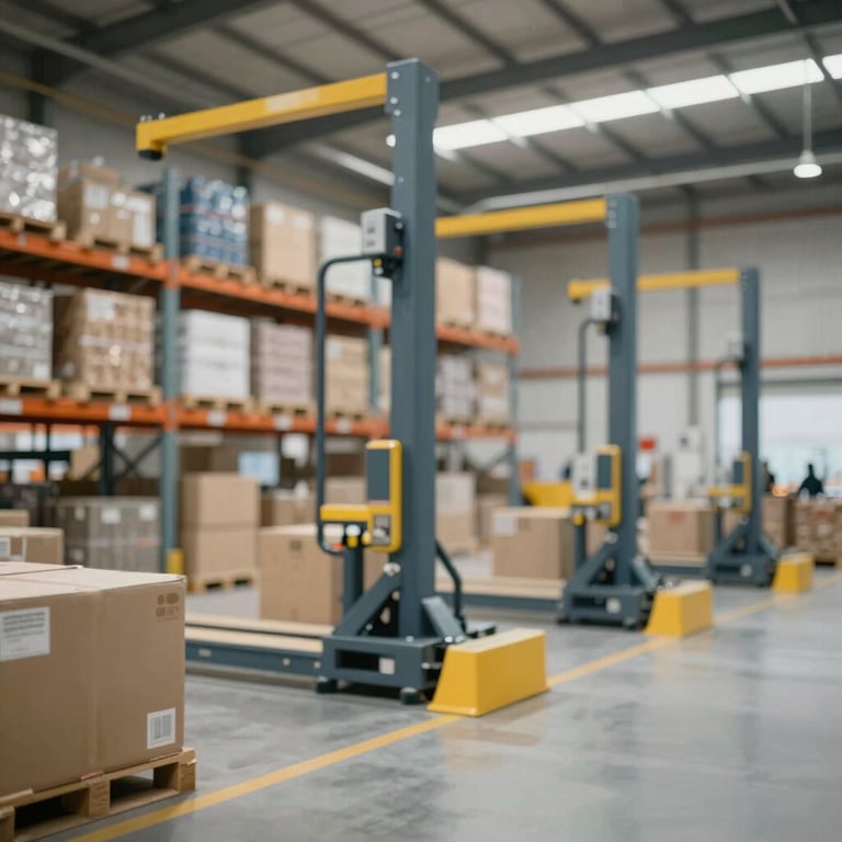 An organized warehouse interior with high ceilings and automated pallet systems, highlighting modern logistics management.