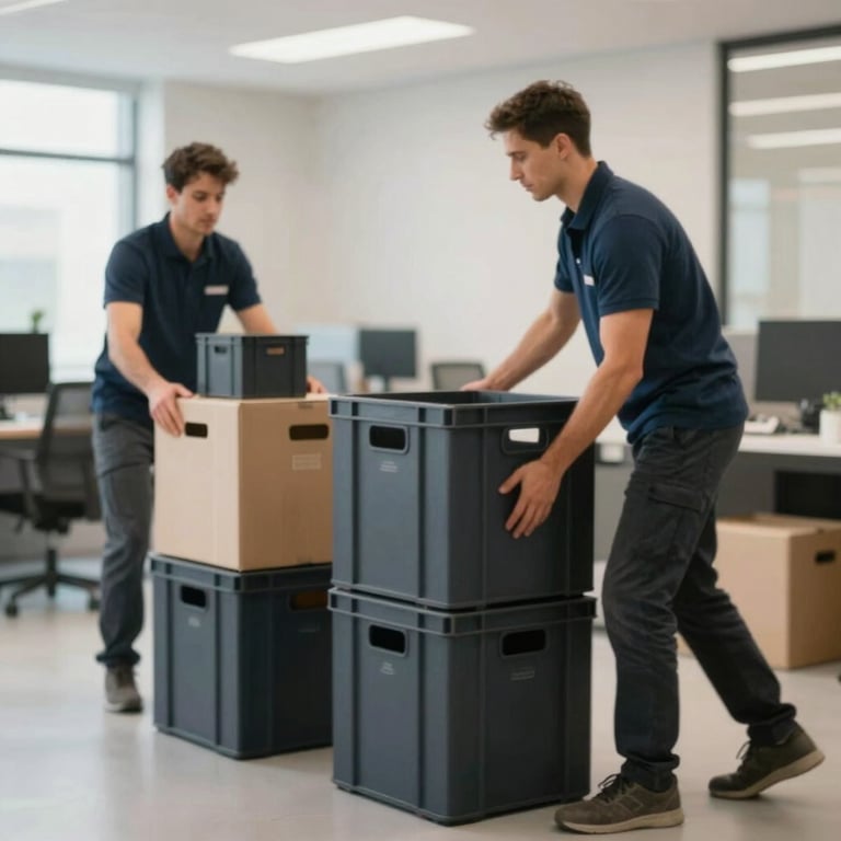 Expert movers carefully packing office equipment into high-quality crates during a corporate relocation process.