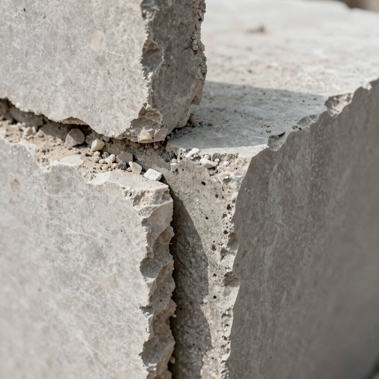Close-up of raw Portuguese limestone and exposed concrete joint, precise technical alignment, soft natural side lighting.