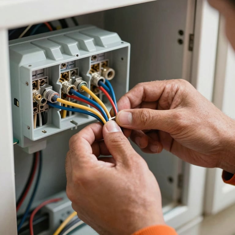 A close-up photograph of a professional electrician's hands neatly organizing wires in a junction box, North American residential setting.