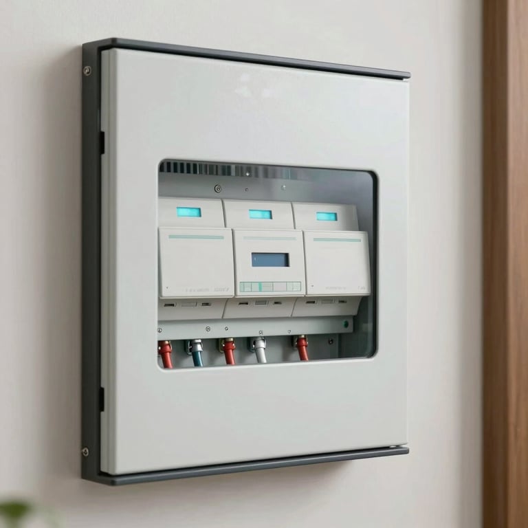 A detailed shot of a modern, smart-home electrical panel installation, showing clean lines and expert craftsmanship.