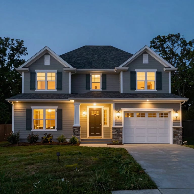 A wide shot of a beautiful North American home illuminated by professional exterior lighting installed by experts.