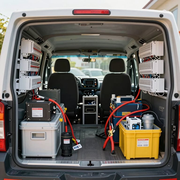 The interior of a highly organized service truck filled with professional electrical tools and components, bright daylight.