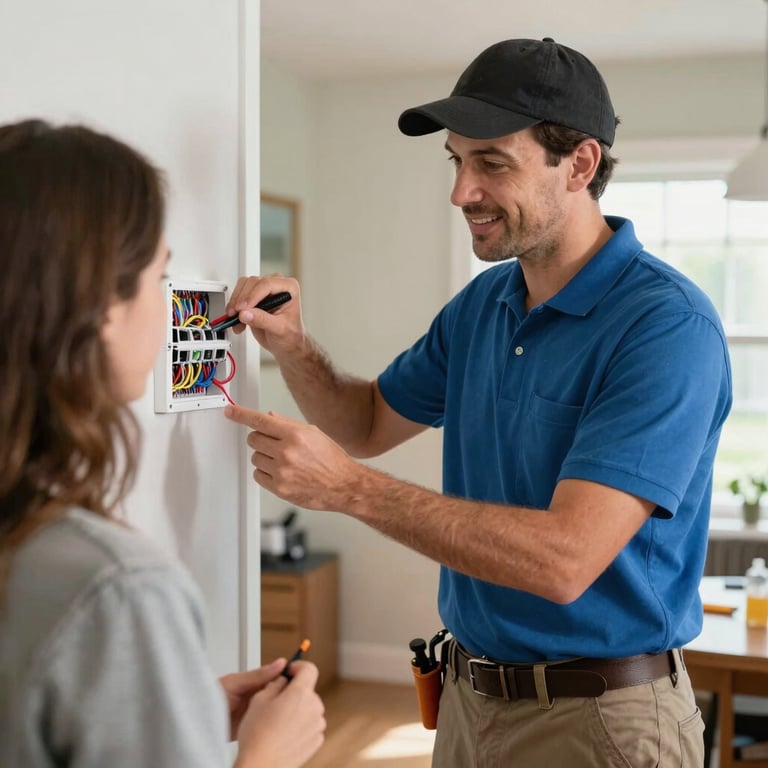 A master electrician explaining an electrical project to a homeowner in a friendly, professional manner, North American / US interior.