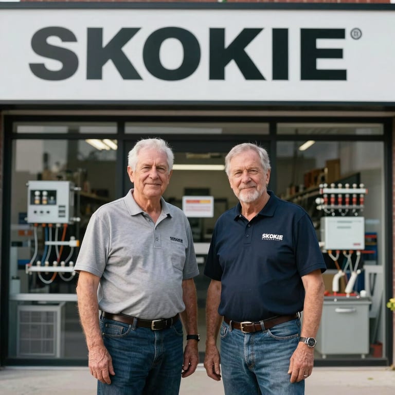 A professional team photo of two generations of family owners standing in front of their Skokie, Illinois electrical shop.