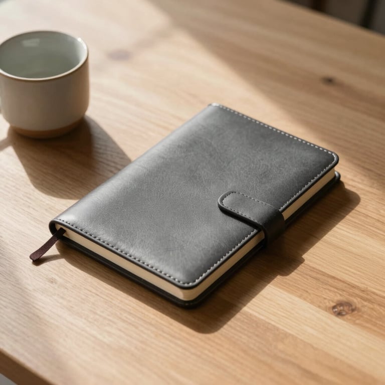 A minimalist wooden table surface with a closed leather-bound notebook and a ceramic cup, soft afternoon shadows, clean architectural lines, serene atmosphere.