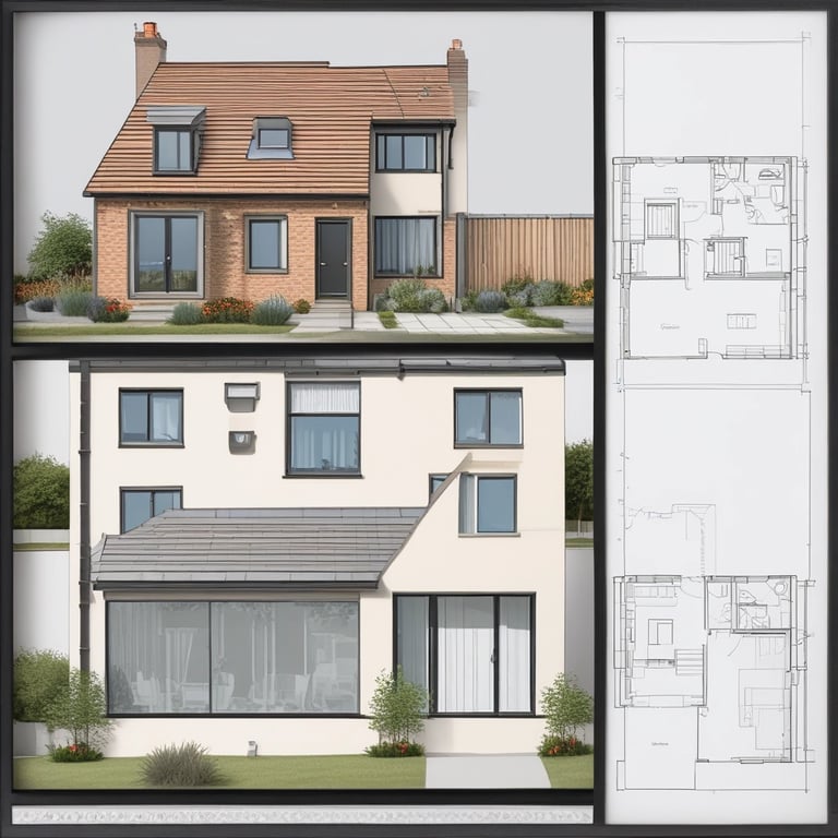 Close-up of hands sketching sustainable home plans with natural wood samples nearby.