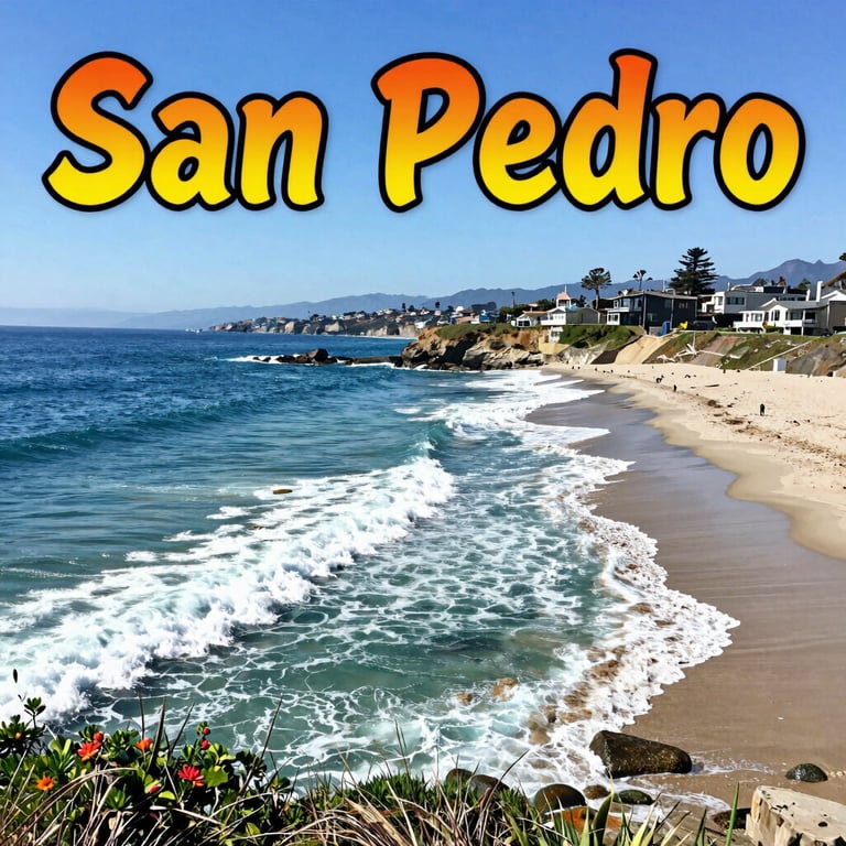 Sunny Malibu beach landscape with blue ocean waves, sandy shoreline, and palm trees under a clear sky.