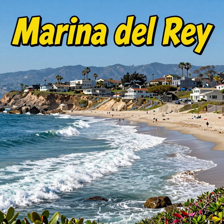 Sunny Malibu beach landscape with blue ocean waves, sandy shoreline, and palm trees under a clear sky.