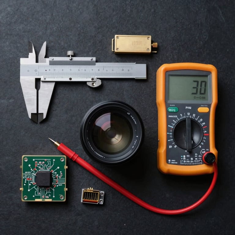 A top-down view of a neatly organized science kit with calipers, a multimeter, and circuit components on a deep charcoal surface.