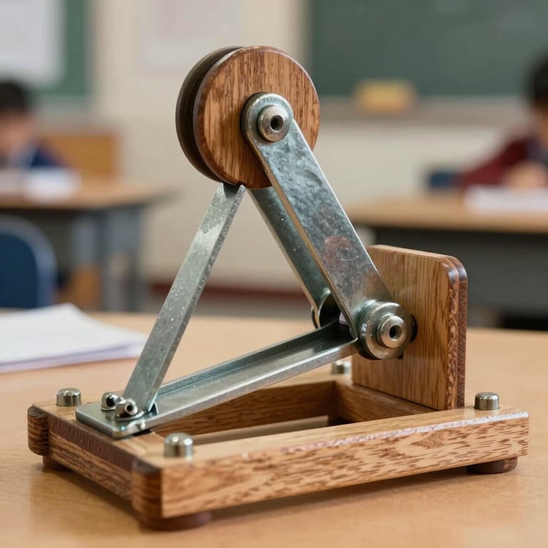 A macro shot of a complex pulley and lever system built from polished wood and metal in a North American / US classroom.