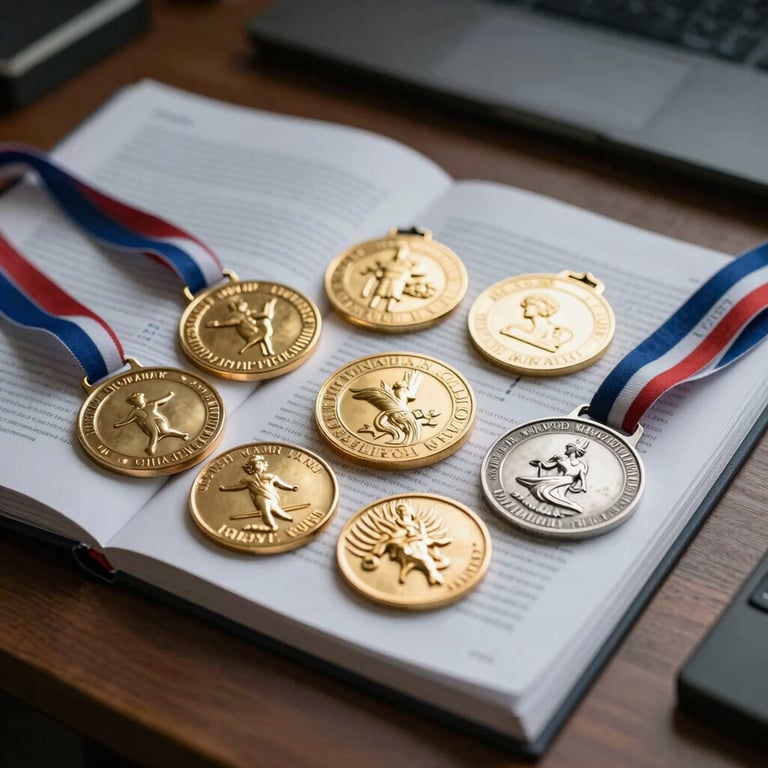 A collection of gold and silver medals resting on a scientific journal inside a North American / US home office.