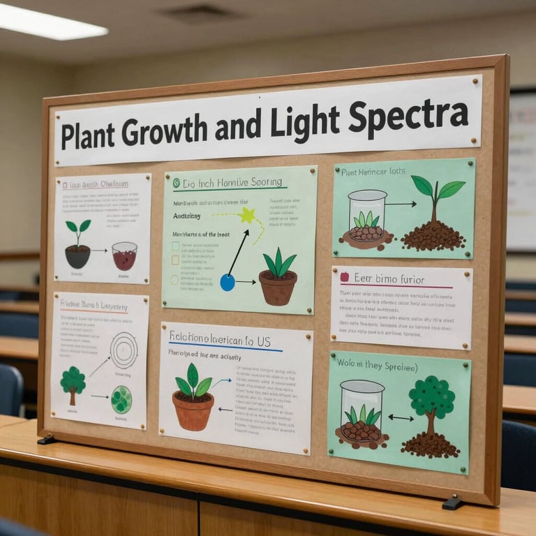 A detailed Science Fair poster board titled 'Plant Growth and Light Spectra' displayed in a North American / US school auditorium.