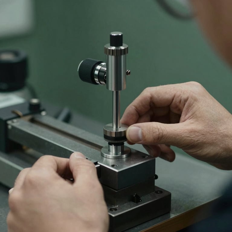 Close-up of hands adjusting a micrometer on a metal block in a high-tech North American / US workshop, muted forest green background.