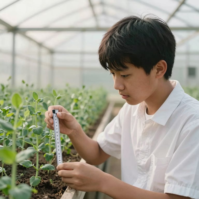 A student measuring pea plant growth in a North American / US greenhouse using a metric ruler, soft off-white morning light.