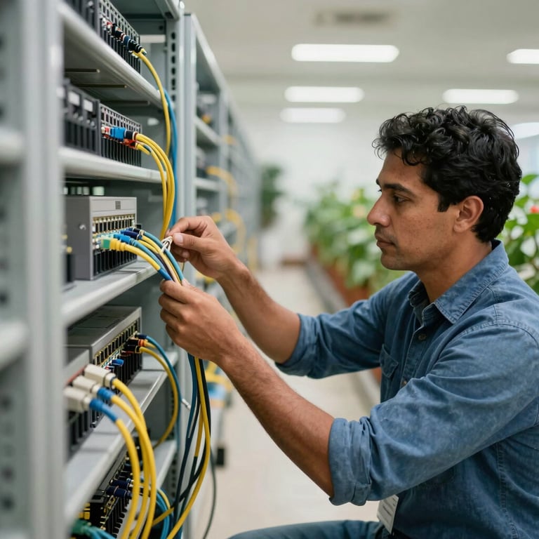 A South American IT professional installing high-speed network cabling in a clean, modern agricultural office environment.